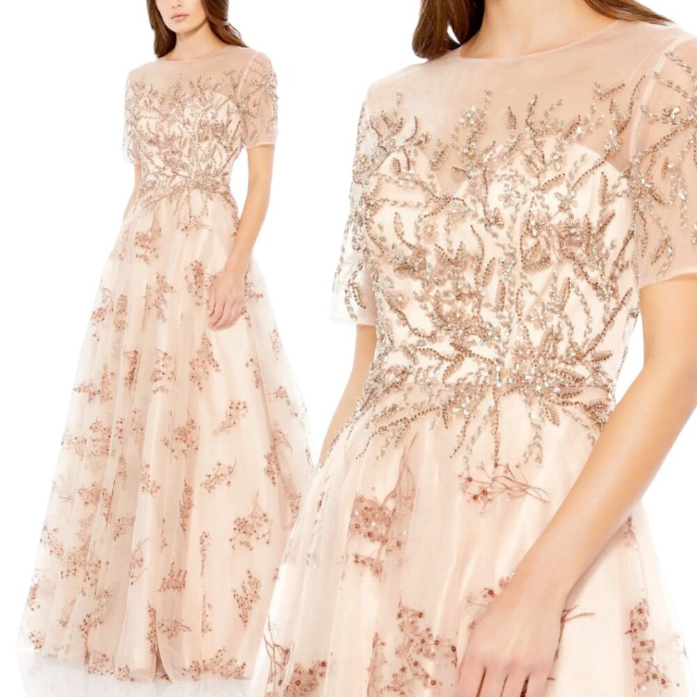 Mac Duggal 79317 Size 12 Pink Illusion Short Sleeve A Line Ballgown Gown Dress
